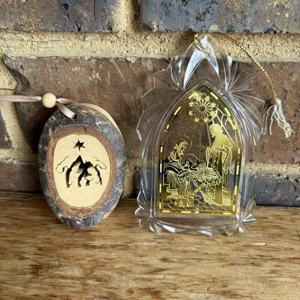 Lot of 2 Vtg Holy Family Nativity Christmas Ornaments Wood And Plastic/metal
